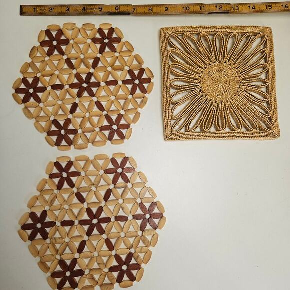 Set of Boho‎ Trivets Pot Holders Bamboo Beaded Wicker 3pc - Picture 5 of 5